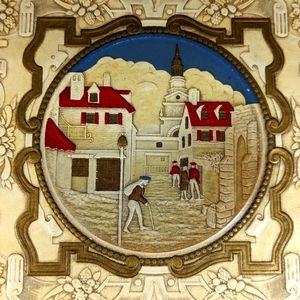 Vintage Celluloid Early English Scene Trinket Box Jewelry